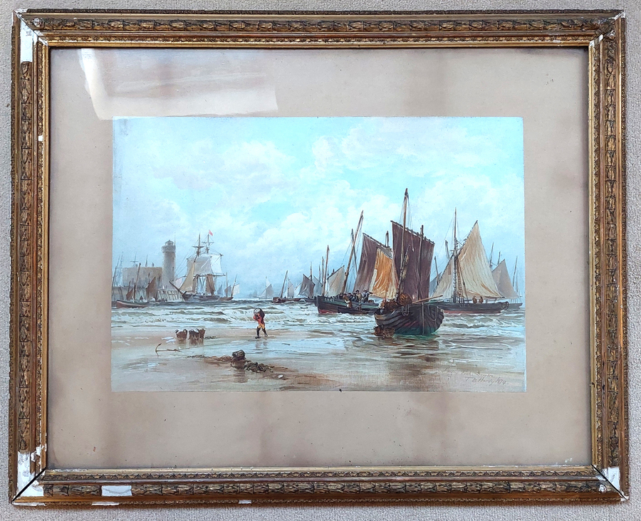 Antique A Pair of Late 19thC Framed Prints of Marine Scenes after Thomas Bush Hardy