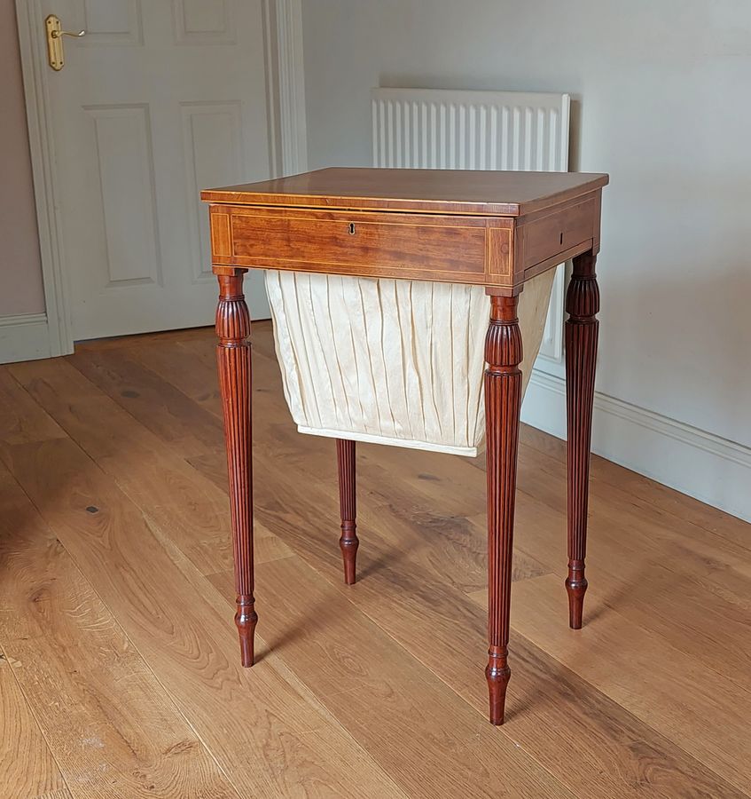 Antique 19th Century Cross-Banded & Line Inlaid Mahogany Sewing Table