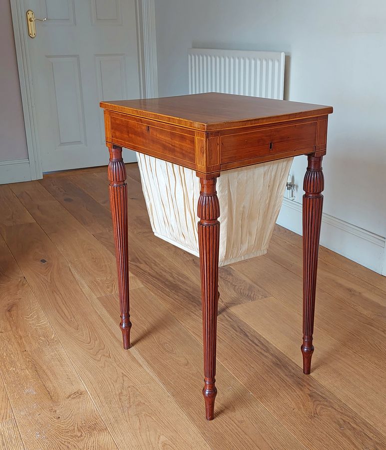 Antique 19th Century Cross-Banded & Line Inlaid Mahogany Sewing Table