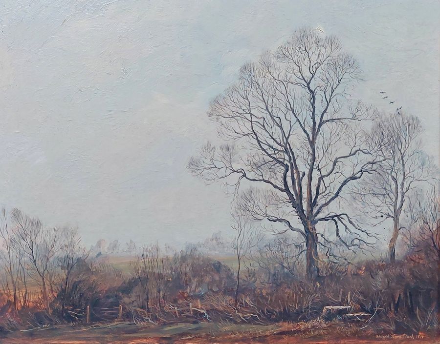 Antique Original Oil Painting on Board 'March Hedgerow, Swanbourne' 1977 by Edward Stamp