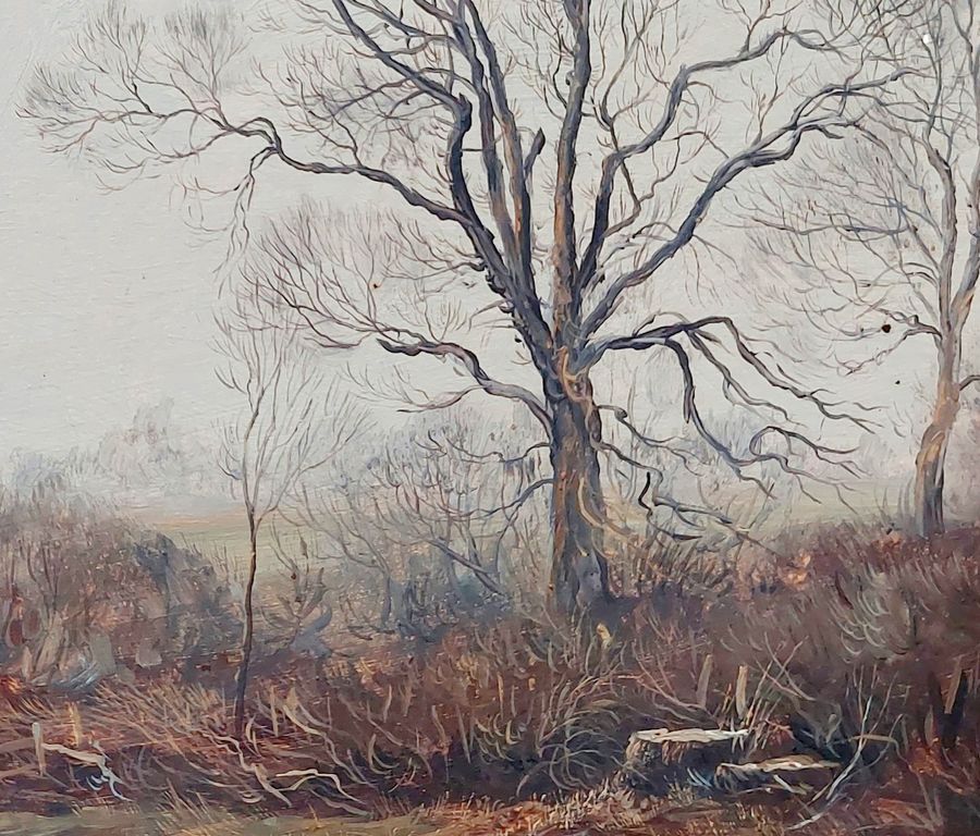 Antique Original Oil Painting on Board 'March Hedgerow, Swanbourne' 1977 by Edward Stamp