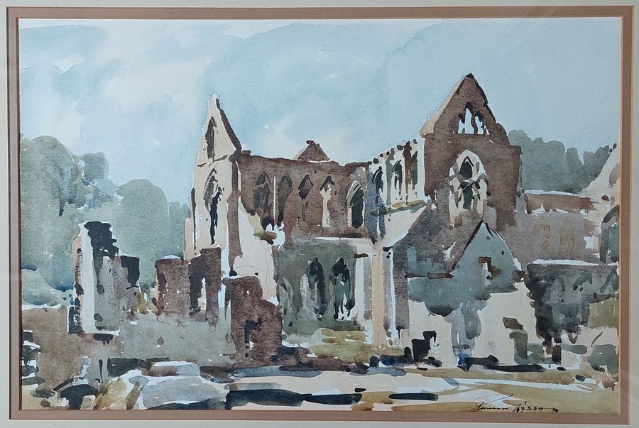 Antique Original Framed Watercolour of Tintern Abbey Ruins, ca 1960s? by Edward Wesson