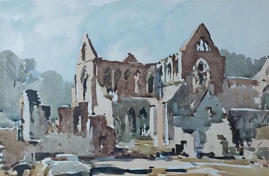 Antique Original Framed Watercolour of Tintern Abbey Ruins, ca 1960s? by Edward Wesson