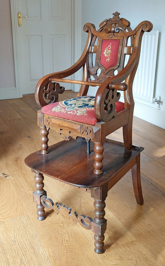 Late Victorian Oak Child's High Chair on Stand