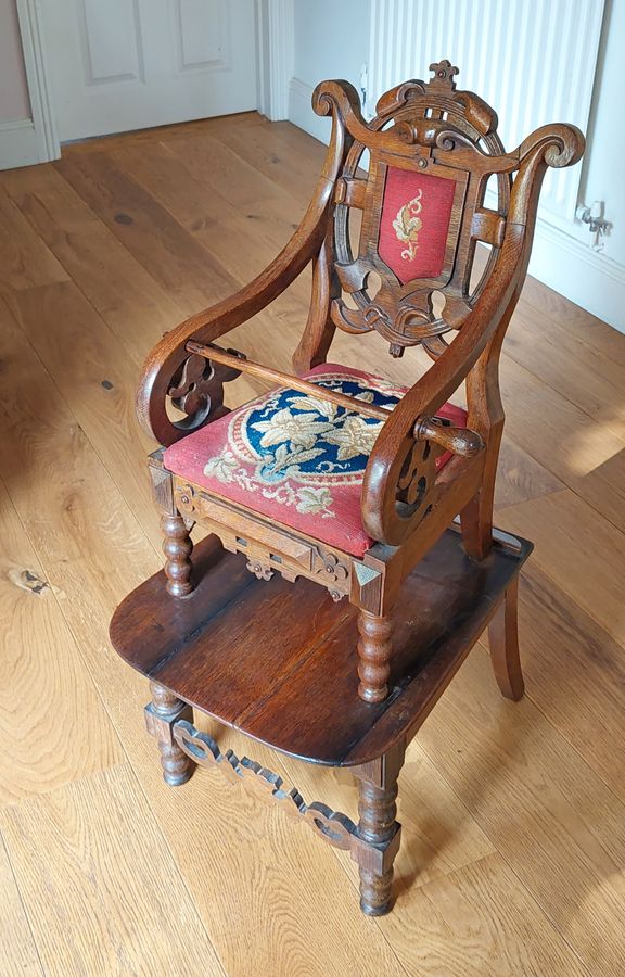 Antique Late Victorian Oak Child's High Chair on Stand