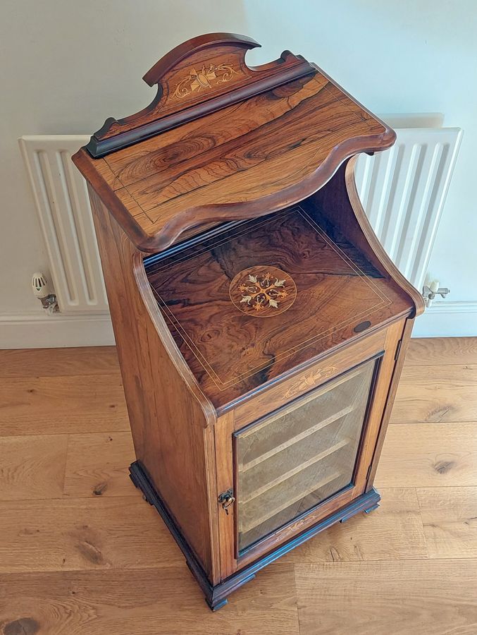 Antique Late Victorian Rosewood & Marquetry Inlaid Music Cabinet