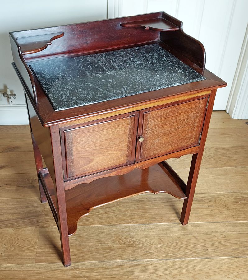 Antique Early 20thC Marble-Topped Mahogany Washstand with Under Tier