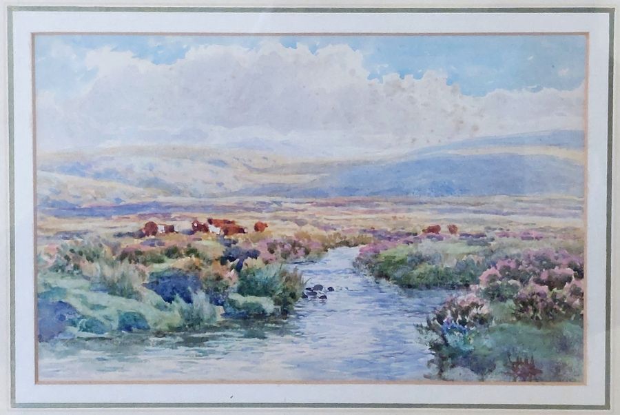 Antique Original Late Victorian Watercolour of Dartmoor Scene with Cattle by W S Morrish