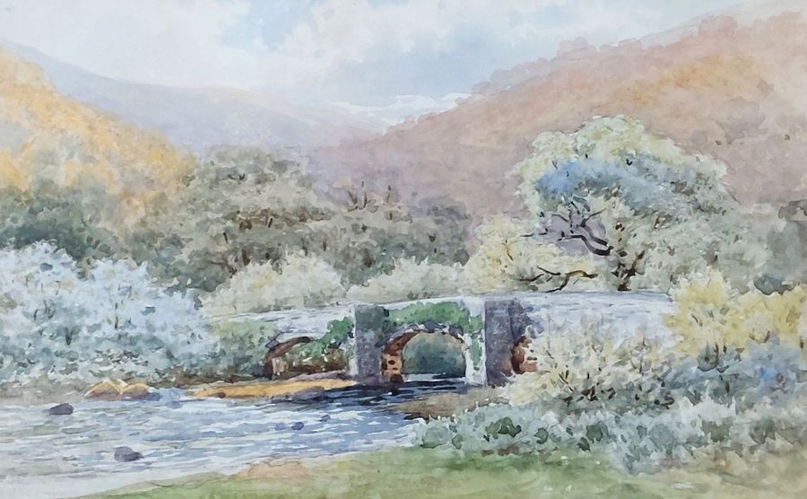 Antique Original Late Victorian Watercolour of Moorland Scene with Bridge attributed to W S Morrish