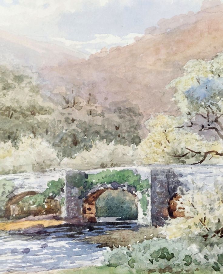 Antique Original Late Victorian Watercolour of Moorland Scene with Bridge attributed to W S Morrish