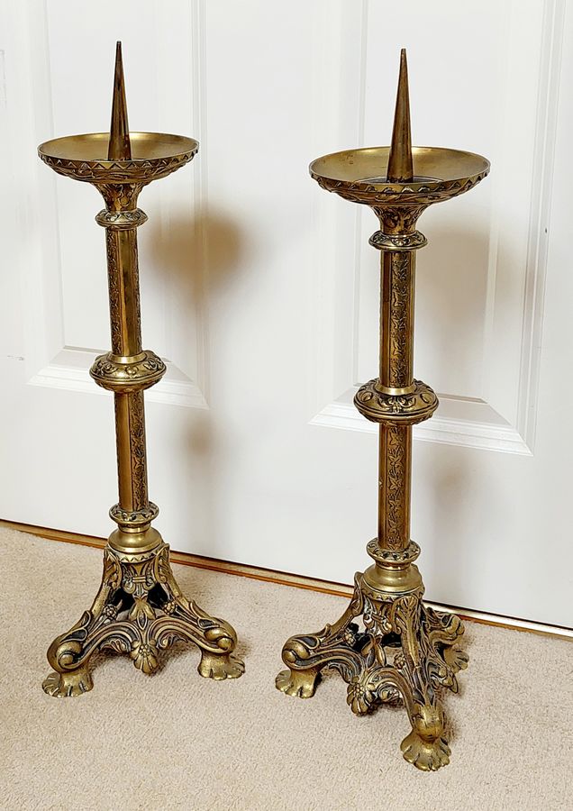 Antique Pair of 19thC French Brass Pricket Candlesticks