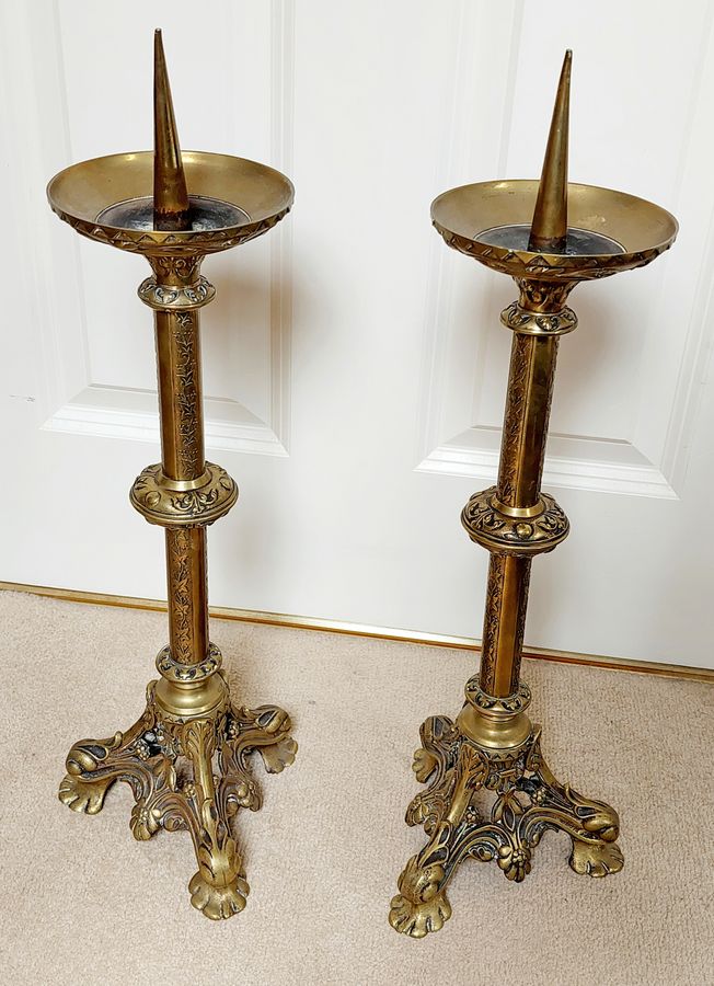 Antique Pair of 19thC French Brass Pricket Candlesticks