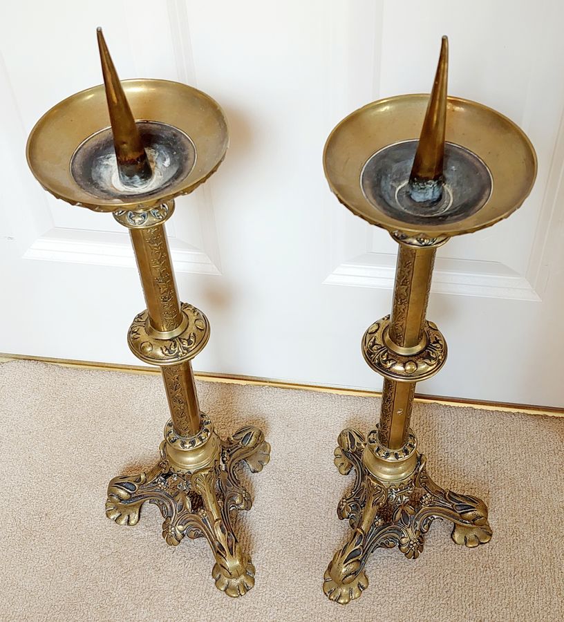 Antique Pair of 19thC French Brass Pricket Candlesticks