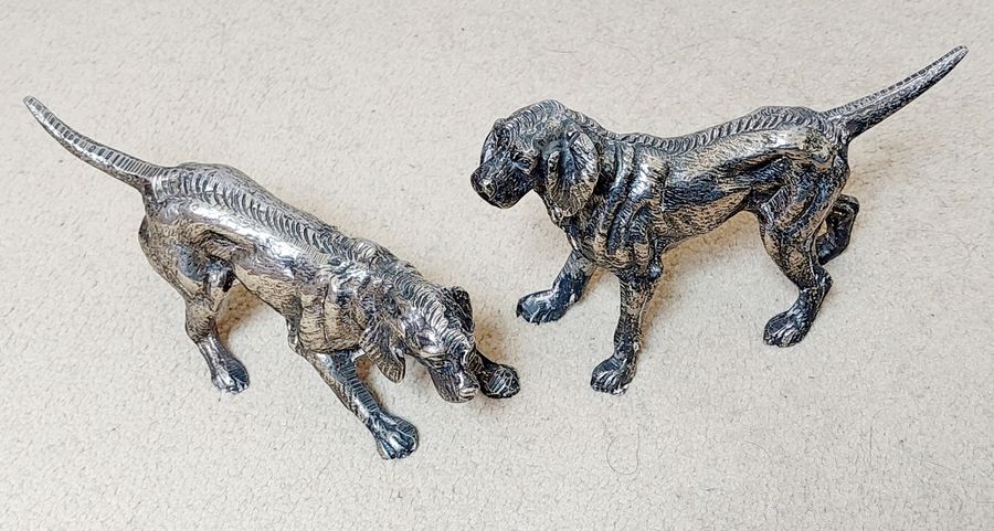 Antique Pair of Early 20thC Silver Plated Gun Dog Figurines