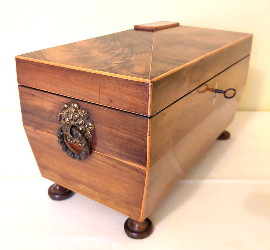 Antique Regency Mahogany & Boxwood Inlaid Sarcophagus Tea Caddy