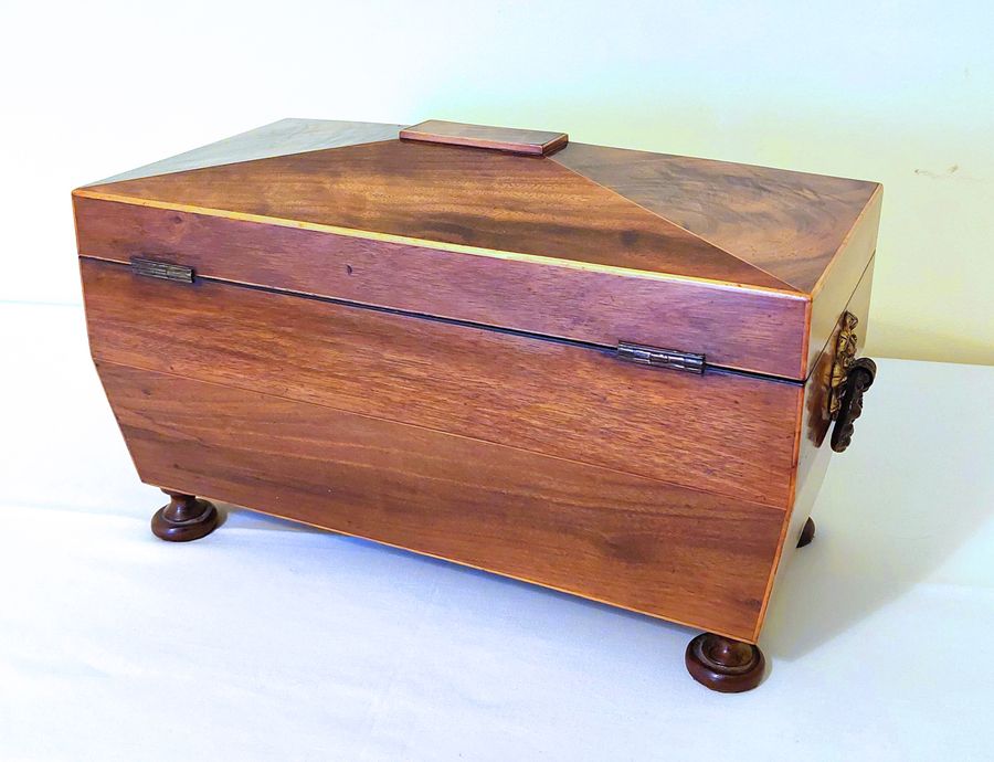 Antique Regency Mahogany & Boxwood Inlaid Sarcophagus Tea Caddy