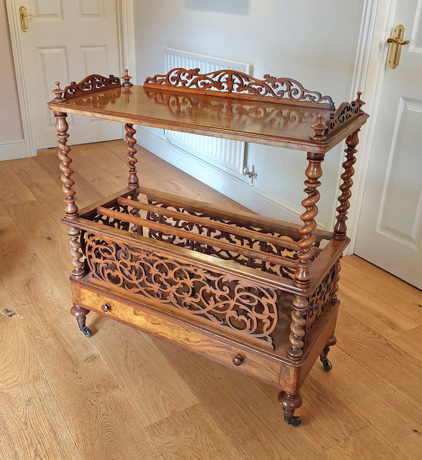 Mid Victorian Burr Walnut Canterbury What-Not with Single Drawer