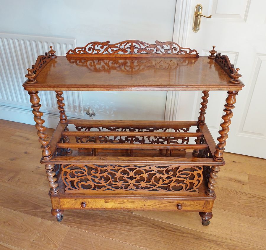 Antique Mid Victorian Burr Walnut Canterbury What-Not with Single Drawer