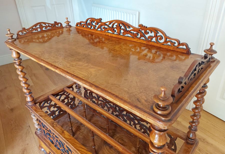 Antique Mid Victorian Burr Walnut Canterbury What-Not with Single Drawer