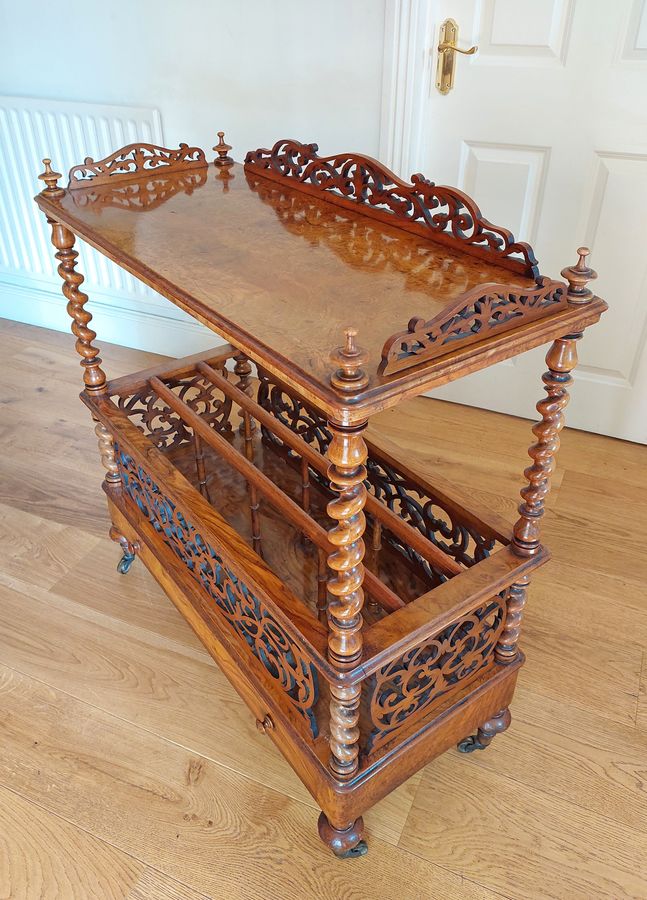 Antique Mid Victorian Burr Walnut Canterbury What-Not with Single Drawer