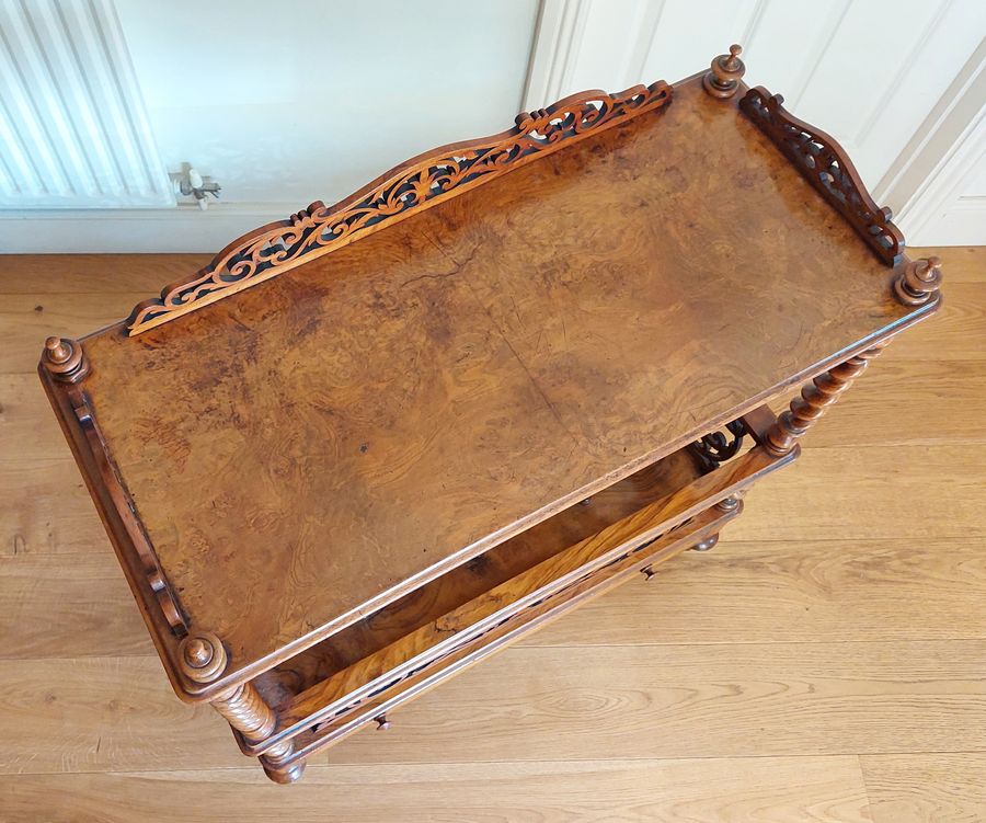 Antique Mid Victorian Burr Walnut Canterbury What-Not with Single Drawer