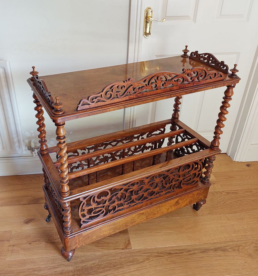 Antique Mid Victorian Burr Walnut Canterbury What-Not with Single Drawer