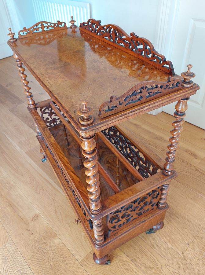 Antique Mid Victorian Burr Walnut Canterbury What-Not with Single Drawer