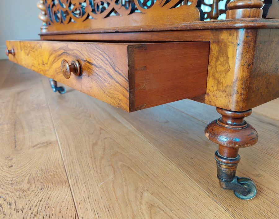 Antique Mid Victorian Burr Walnut Canterbury What-Not with Single Drawer