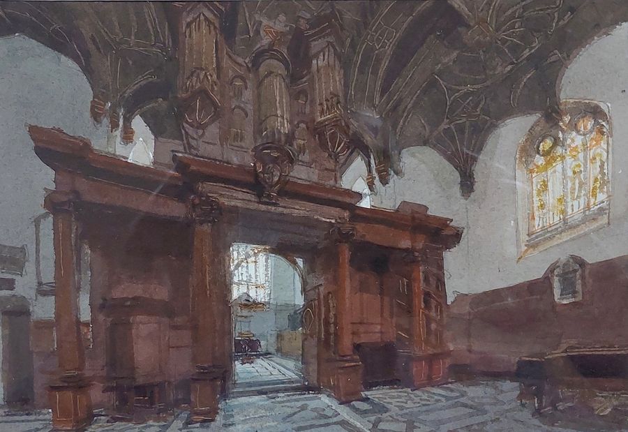 Antique Original Watercolour of Brasenose College Chapel, Oxford by John Newberry