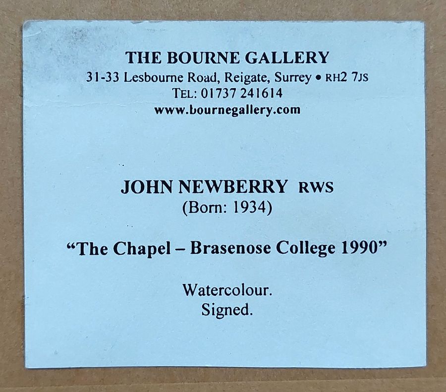 Antique Original Watercolour of Brasenose College Chapel, Oxford by John Newberry