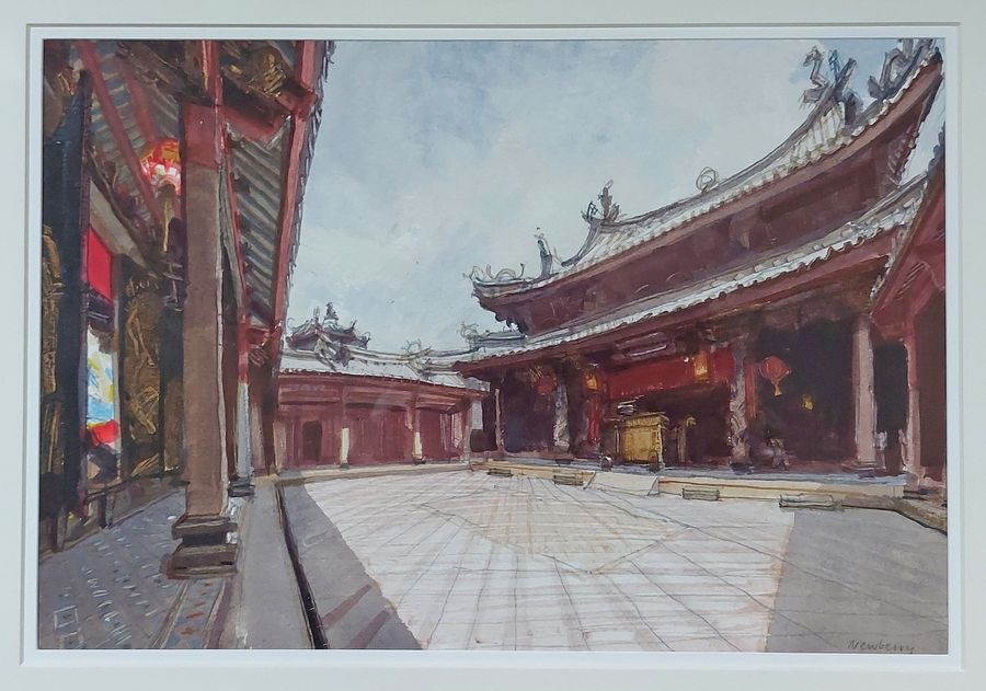 Antique Pair of Original Watercolours of a Chinese Temple by John Newberry