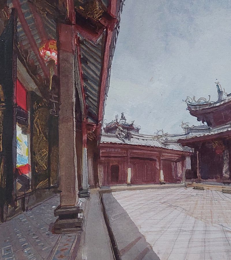 Antique Pair of Original Watercolours of a Chinese Temple by John Newberry