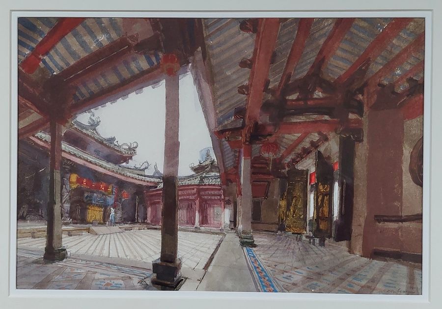 Antique Pair of Original Watercolours of a Chinese Temple by John Newberry