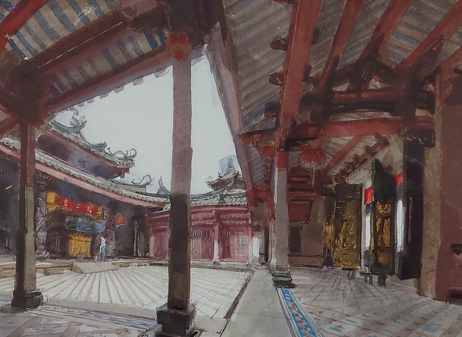 Antique Pair of Original Watercolours of a Chinese Temple by John Newberry