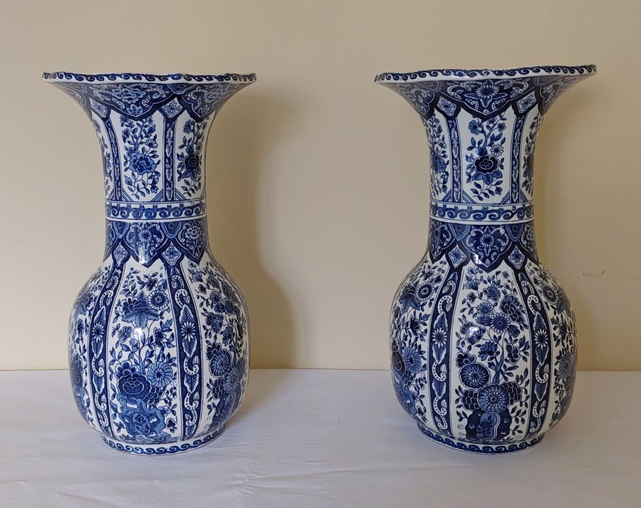 Pair of Large Vintage Blue & White Delftware Trumpet Vases