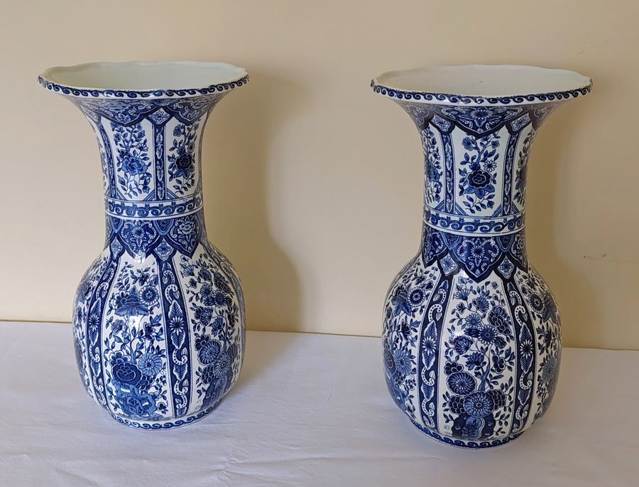 Antique Pair of Large Vintage Blue & White Delftware Trumpet Vases