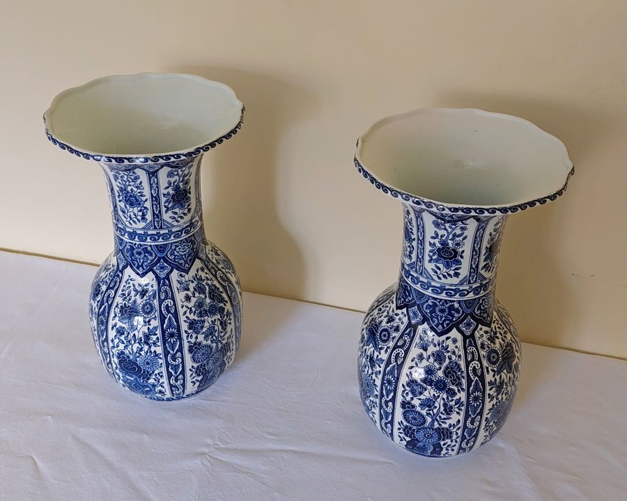 Antique Pair of Large Vintage Blue & White Delftware Trumpet Vases