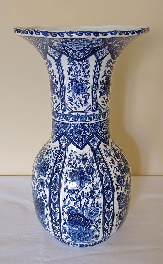 Antique Pair of Large Vintage Blue & White Delftware Trumpet Vases