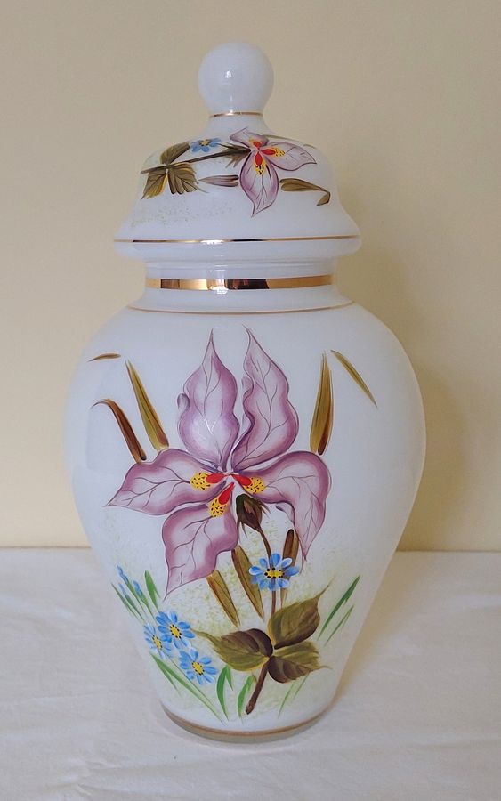 Late 19thC French? Hand-Decorated Opaline Glass Lidded Jar