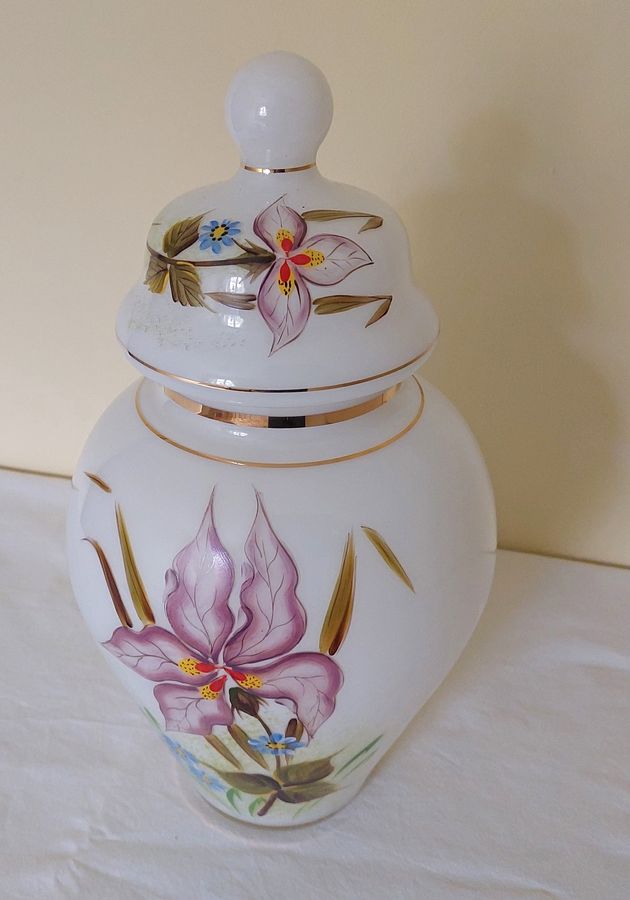 Antique Late 19thC French? Hand-Decorated Opaline Glass Lidded Jar