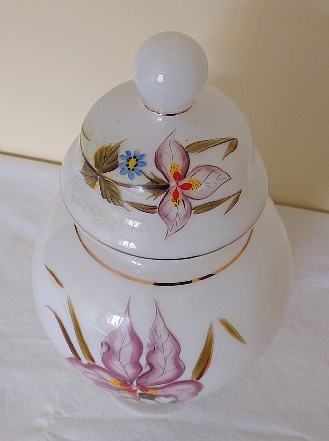 Antique Late 19thC French? Hand-Decorated Opaline Glass Lidded Jar