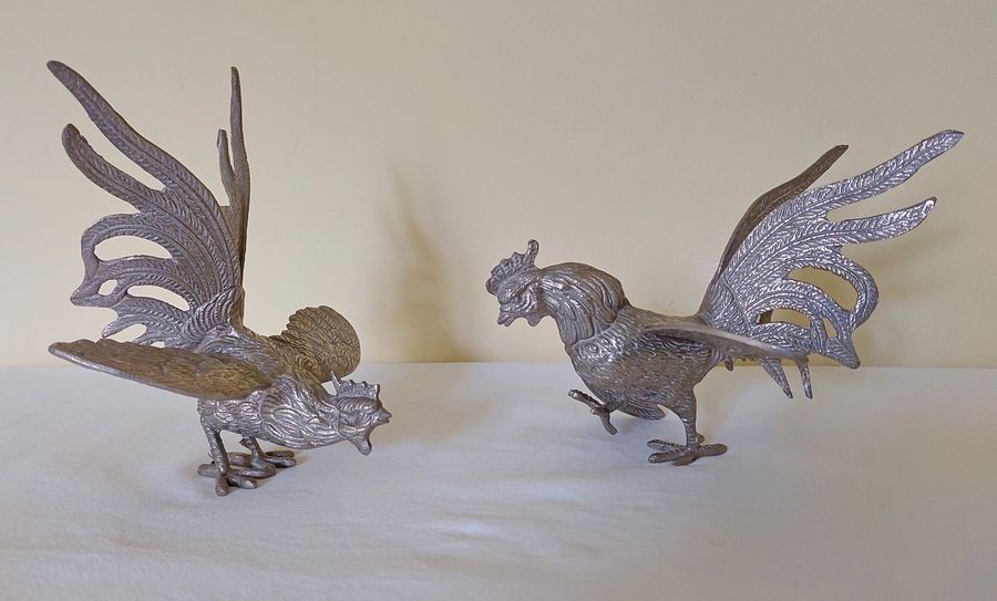 Pair of Vintage 20thC Silver Plated Fighting Cocks