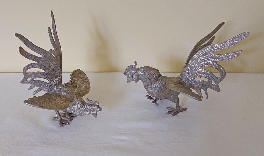 Antique Pair of Vintage 20thC Silver Plated Fighting Cocks