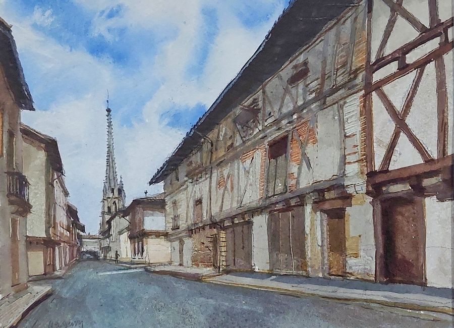 Antique Original Watercolour 'Rue des Freres Recluse, Ste. Foy la Grande' by John Newberry