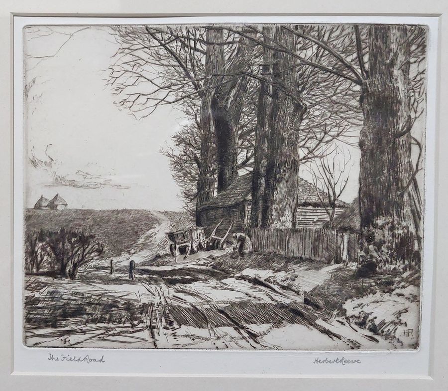 Antique Framed Dry-Point Etching 'The Field Road' by Herbert Reeve, b1870