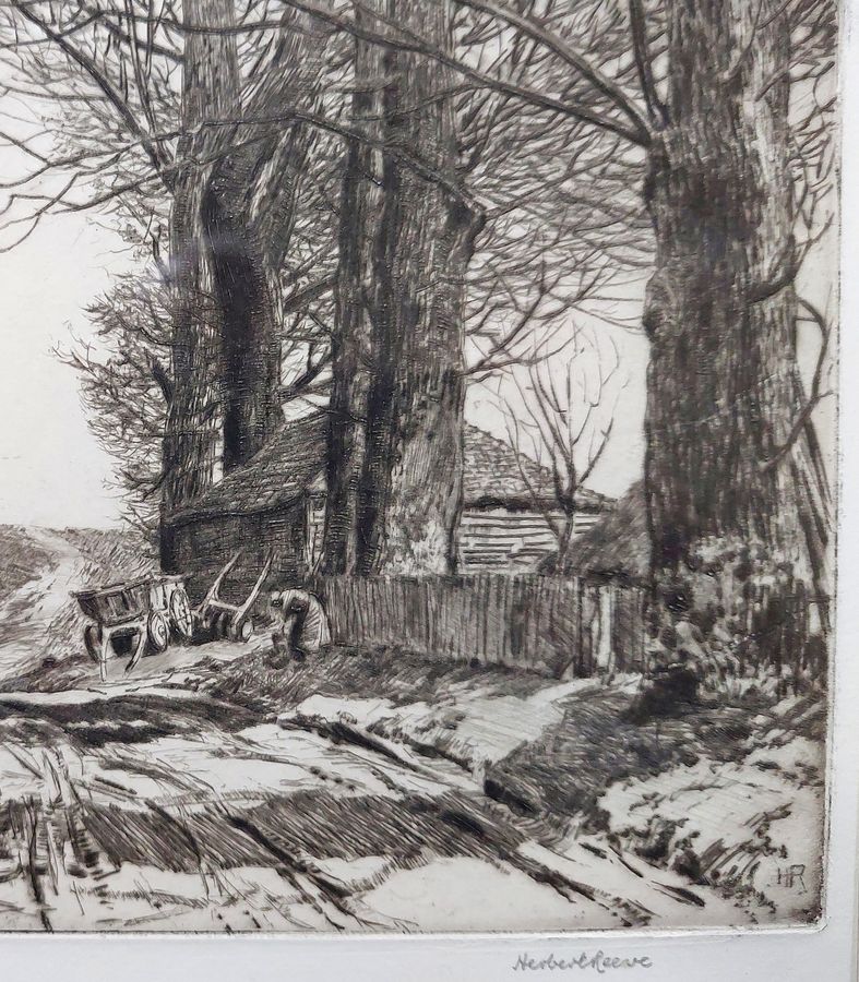 Antique Framed Dry-Point Etching 'The Field Road' by Herbert Reeve, b1870