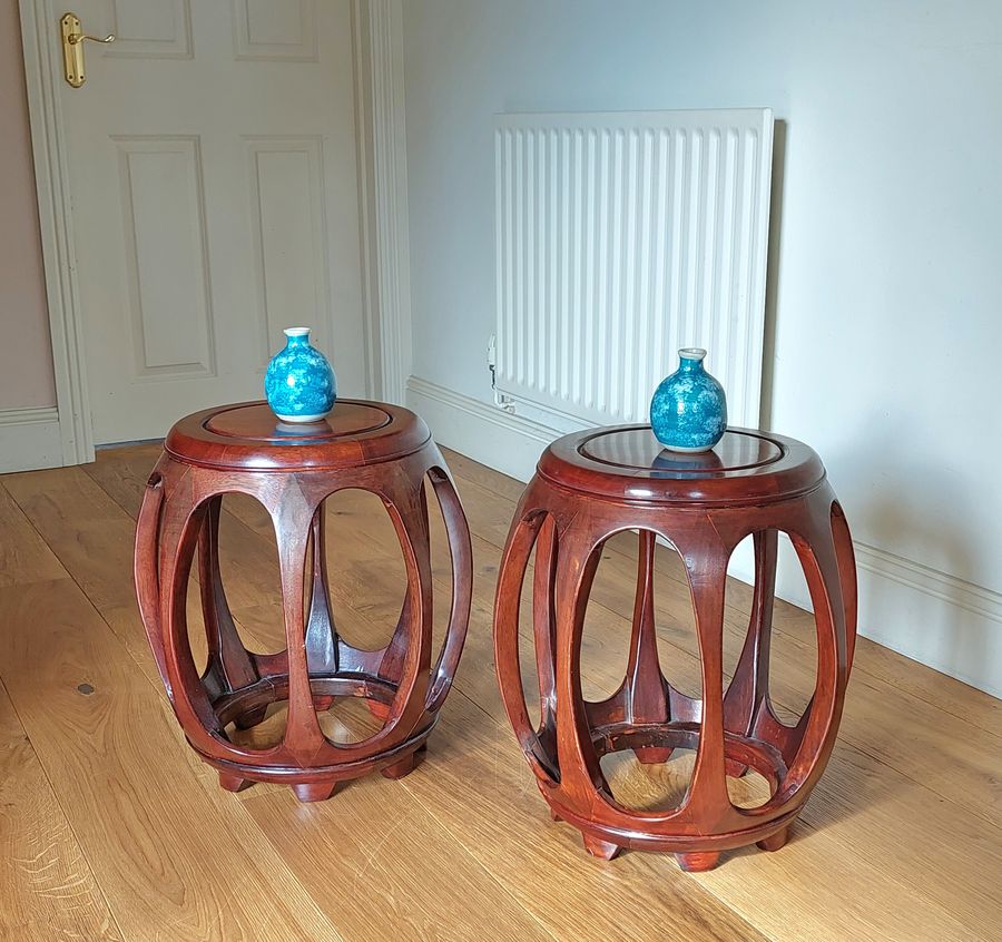 Pair of Vintage Chinese Hardwood Barrel Shaped Low Tables