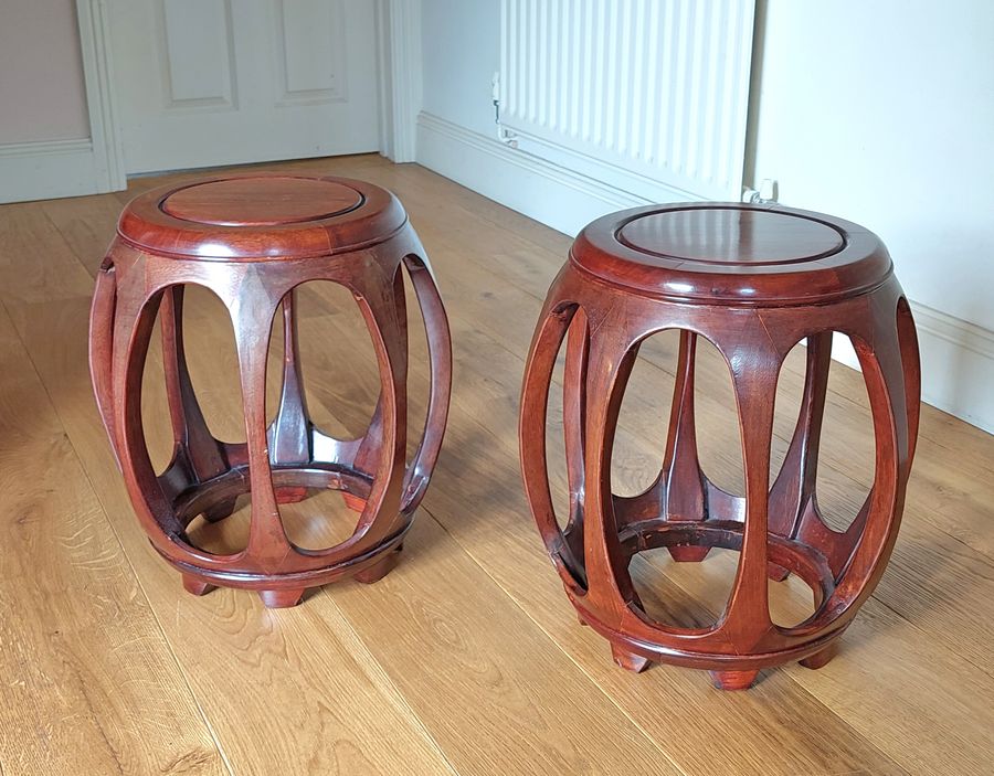 Antique Pair of Vintage Chinese Hardwood Barrel Shaped Low Tables