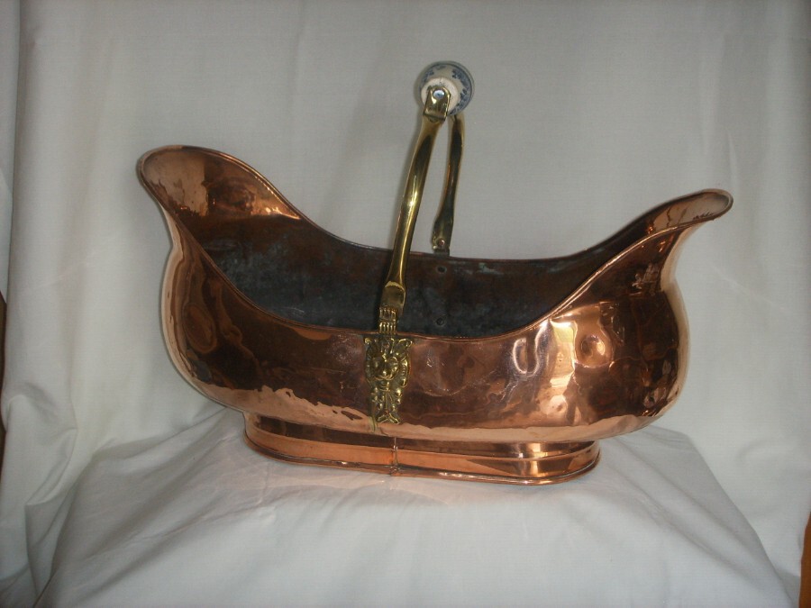 DUTCH COPPER (with Brass Embellishments) LOG BASKET with DELFT HANDLE