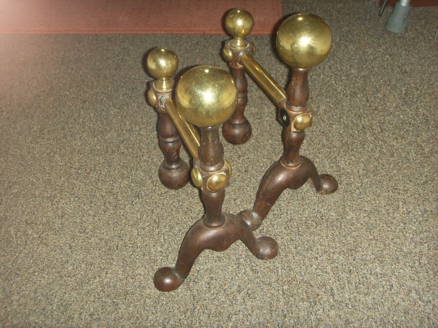 A PAIR OF FIRE DOGS in BRASS & IRON--Very substantial in weight!